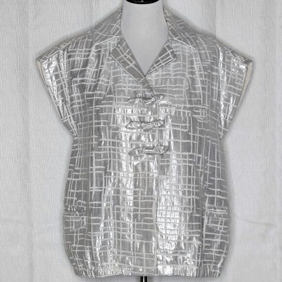 Lerario Beatriz Silver Metallic & White Capped Sleeve Abstract Print Vest Blouse - Picture 1 of 12